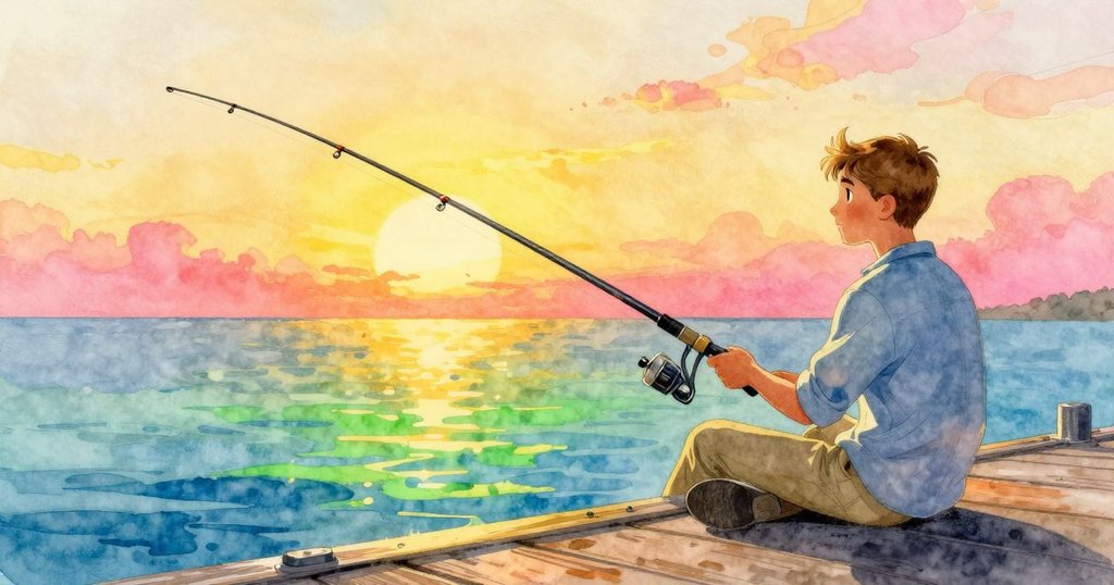 日落時分，昆恩在碼頭邊放鬆，釣竿旁漂浮誘餌輕輕搖曳，水面反射溫暖夕陽，畫面祥和完結