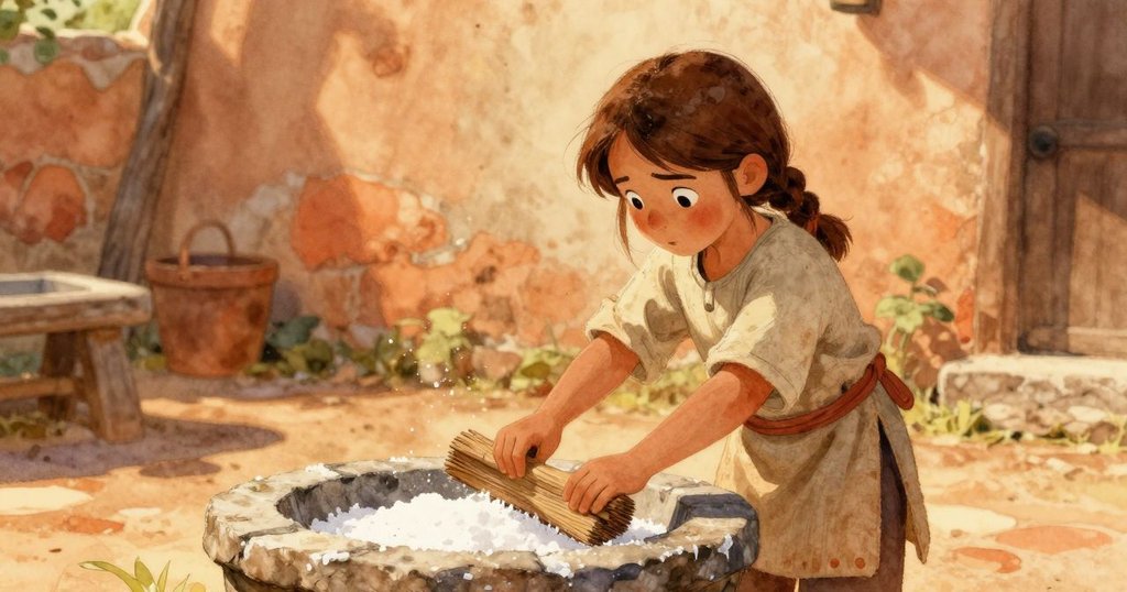 Holly站在石盆旁，以剪影呈現，揮動木槳在晨光中掃拭漂浮的鹽花，背景明亮溫暖。