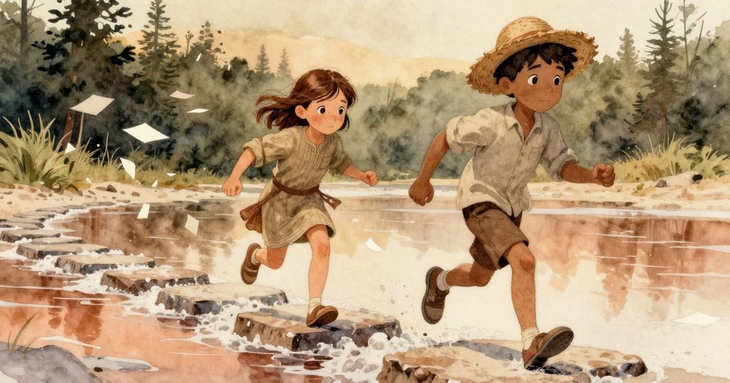 從Holly視角看，她奔跑於布滿鹽屑的石塊上，追逐隨風飛舞的頁面，環境充滿自然暖光與動感。