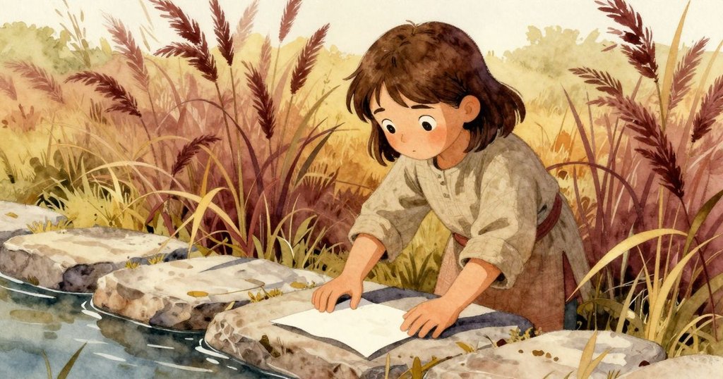 Holly蹲在平石上，從搖曳的蘆葦中夾起濕潤頁面，水與陸交錯之間呈現柔和過渡空間，充滿寧靜。