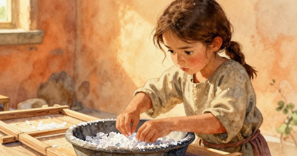 Holly發現石盆中鹽層變脆，她小心翼翼地將其移至晾曬架，夕陽下鹽晶閃耀，充滿細膩質感。