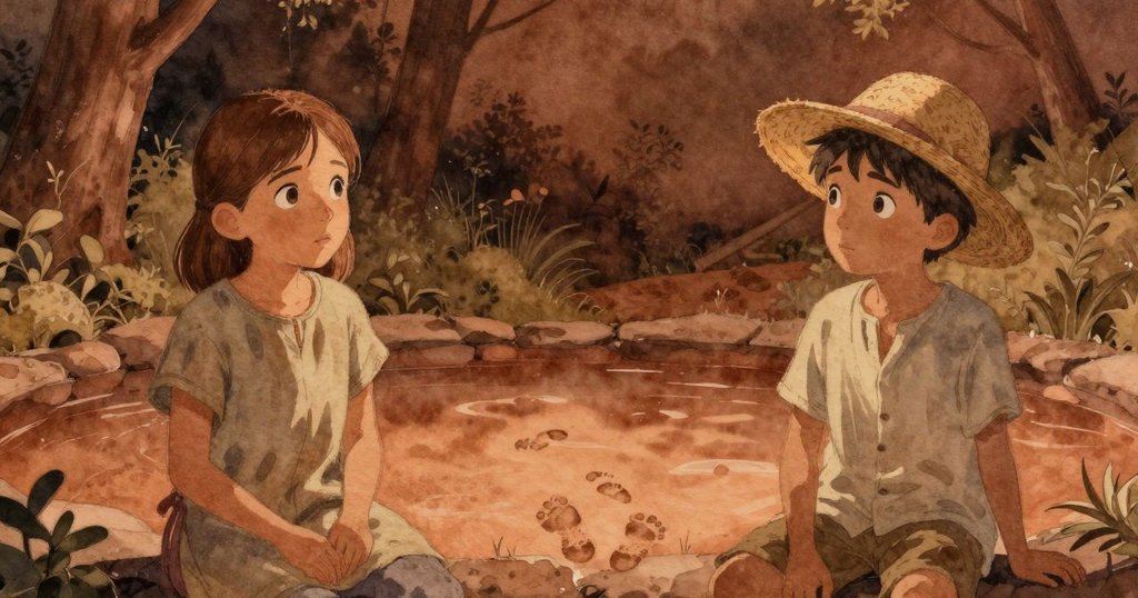 傍晚時分，Holly與Gareth在安靜石盆旁休憩，足跡漸淡融入陶土，柔和光影中充滿寧靜與結局感。