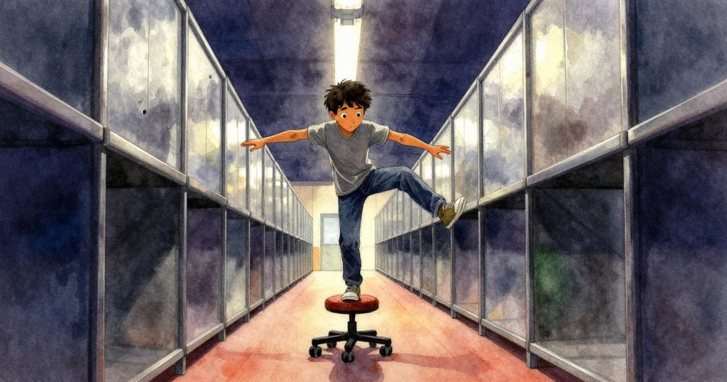 Drake 正步進入書架走道, 踏上滾動梯凳, 書脊明亮, 神情堅定, 室內光線柔和