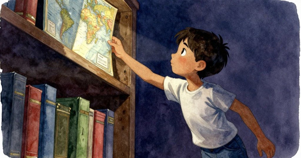 Drake 的手伸向高處書架上發光地帶的地理圖譜, 細節豐富, 光線聚焦, 表情專注