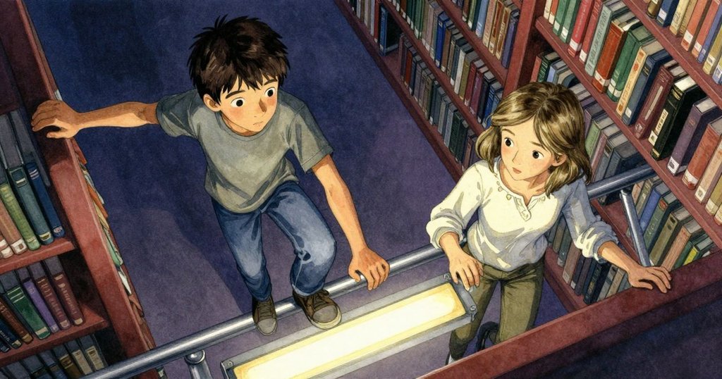 Drake 與 Uma 從上方視角伸手同觸鋼製扶手, 手指交疊, 燈光明暗對比, 充滿默契與專注