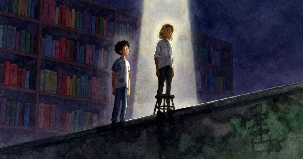 從上方瞭望, Drake 與 Uma 及梯凳在狹窄亮光中呈剪影, 書架環繞, 氣氛溫暖而隱約