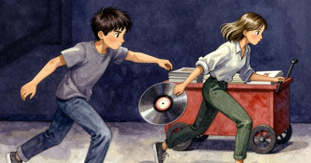 Uma 的相簿滑落, Drake 與 Uma 同時閃避, 返回推車緩緩移動, 書架背景中動作定格, 表情驚訝而迅速