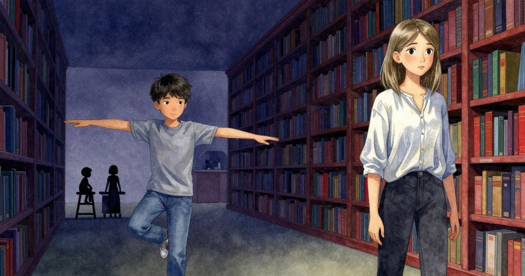 在廣闊圖書館中, Drake 與 Uma 成剪影, 梯凳和推車細微呈現, 書架高聳, 燈光柔和, 帶來和諧結局