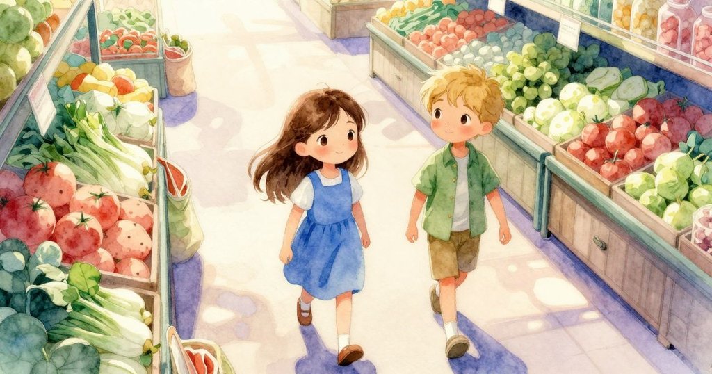在溫暖午後的超市內，Nora操控著籃子，Bram推著車子，市場擺滿生鮮，顧客悠閒行走，充滿期待與希望。