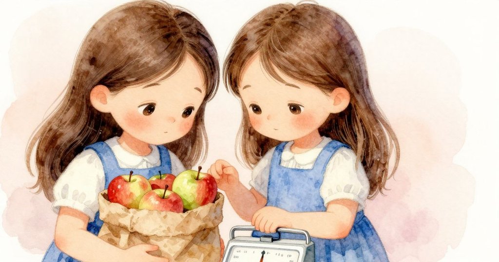 Nora正小心翼翼將蘋果放入棕色紙袋中，近距離展示著數字顯示器，帶出求精確的心情。