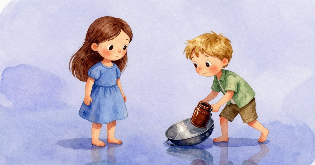 鏡面反射中顯示出玻璃罐與鋼盤間的動作，Bram驚訝的神情和市場背景交織，充滿細節。