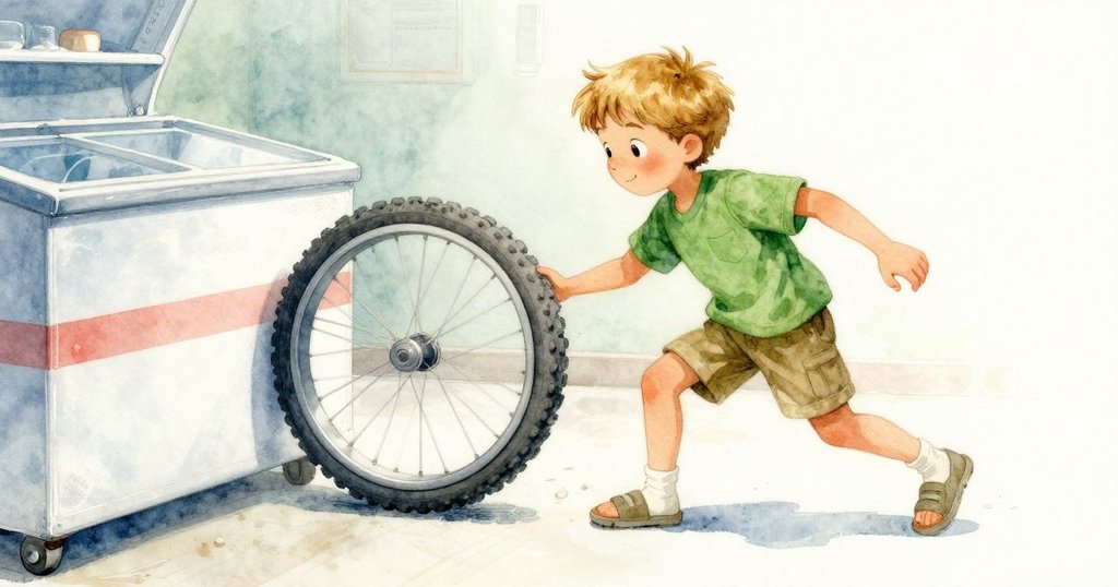 在冷氣微霧中，Bram謹慎推動著傾斜車輪，經過色彩鮮明的警告帶，場景過渡充滿張力。