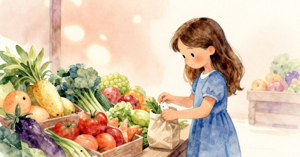 解決後的市場恢復平靜，Nora專注貼上新鮮標籤，背景中孩子嬉戲，營造溫馨結局。