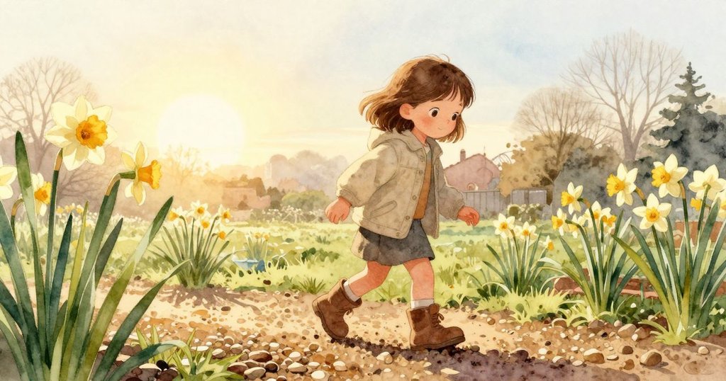 六月快樂走進充滿朝陽光芒的花園, 穿著堅實靴子踏在金色卵石路上, 周圍點綴露珠閃爍的水仙花, 展現溫暖期待