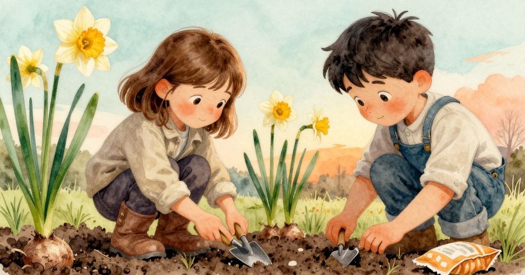 特寫展示濕潤土地中閃閃發光的水仙花球, 黃褐色摺痕包裝紙與小耙具靜候一旁, 細節生動迷人