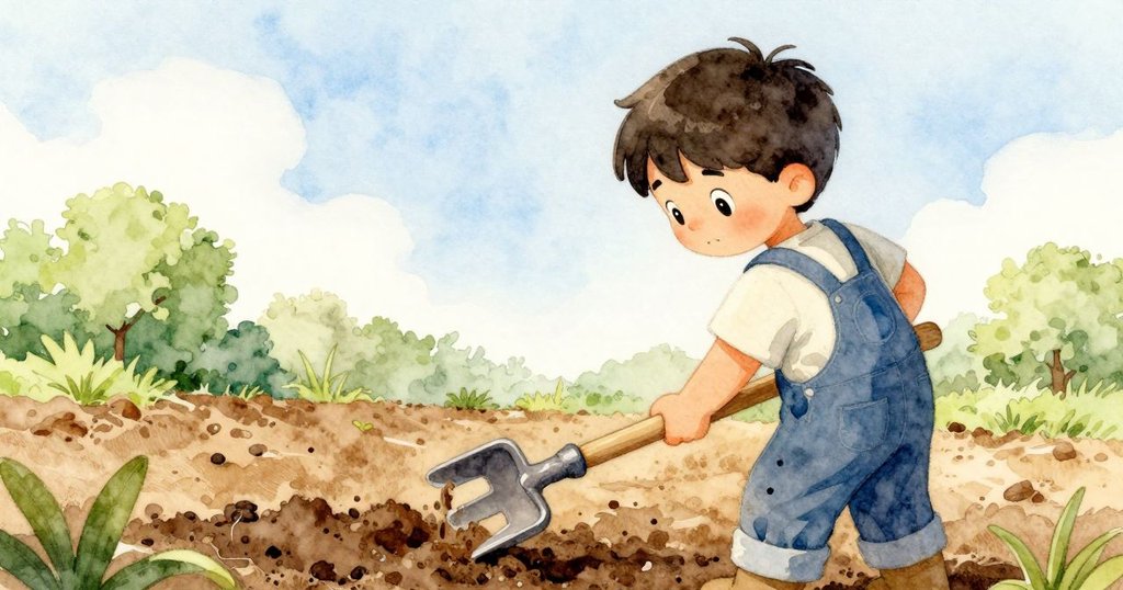 從男孩肩後角度看到他用園藝叉輕鬆舉起, 赤褐色泥土如糖般紛紛落下, 流露出專注與滿足的情感