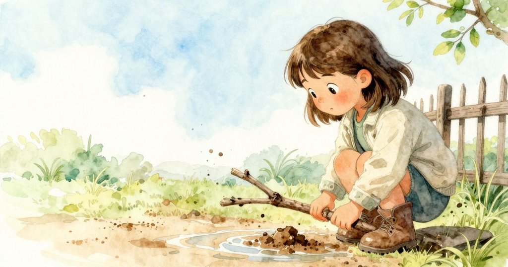 六月停下腳步好奇注視花園中淡色泥痕與緩緩流動的水, 長枝靠在圍欄上增添神秘氣息, 表情充滿探索之意