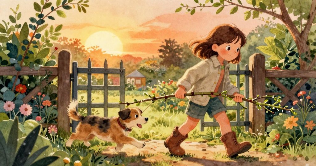 六月小心拖動沾露的樹枝, 動態路徑清晰展現, 鄰居的狗靜靜走向大門, 充滿活力的花園情景