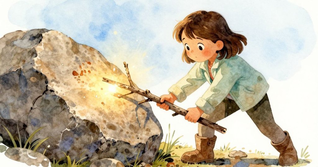 六月專注用樹枝撐起重石, 徐徐推動露出閃亮銅光, 溫柔提起大理石盤, 畫面散發著發現與勝利的光芒