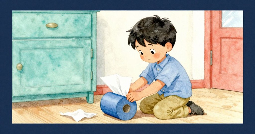 艾米爾在溫暖室內藝術空間中輕推紙巾堆，藍捲筒及水桶陪伴，背景顯示藍金拼貼，表情專注。