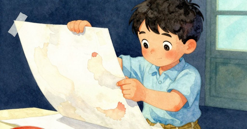 艾米爾專注地撕開紙張，比對牆上設計，鏡頭捕捉雙手細節，室內燈光柔和。