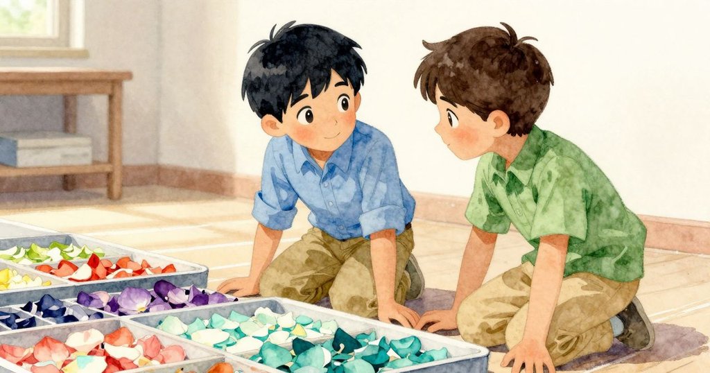 艾米爾與格倫在多層次室內背景協作，前景有色彩鮮豔花瓣托盤，後景呈現粉筆線，光線柔和溫暖。