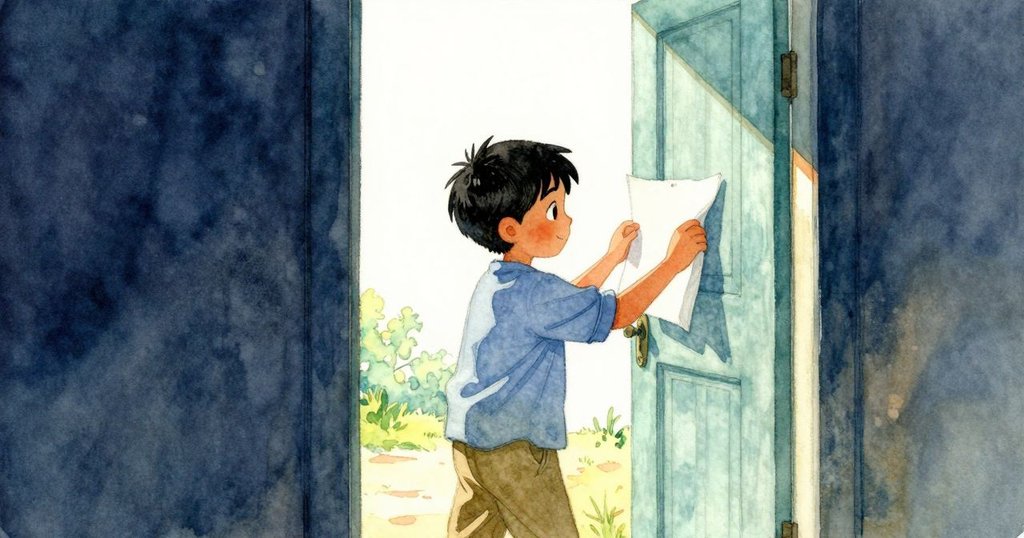 艾米爾攜帶膠紙向光亮門口移動，室內與戶外交接明顯，陽光照射下色彩更鮮明，動作果斷。