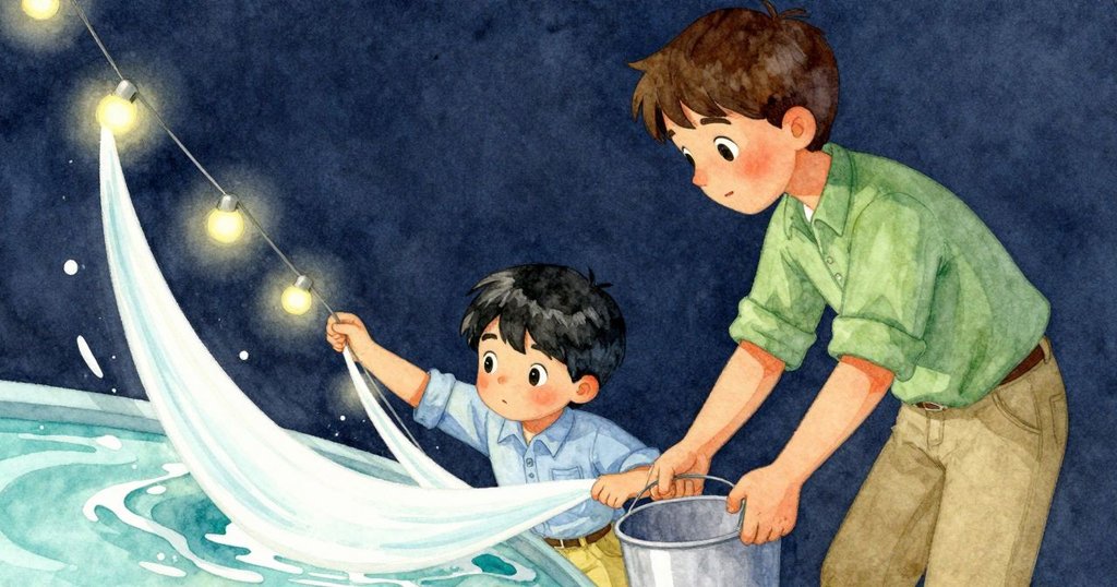 艾米爾迅速用燈串擋住流動膠狀物，格倫穩固水桶防止濺出，場景充滿動感與緊迫感。