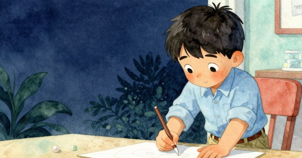 艾米爾在完成調整工程中神情平靜，膠狀物從手臂滴落，工作區逐漸恢復秩序，呈現柔和收尾感。