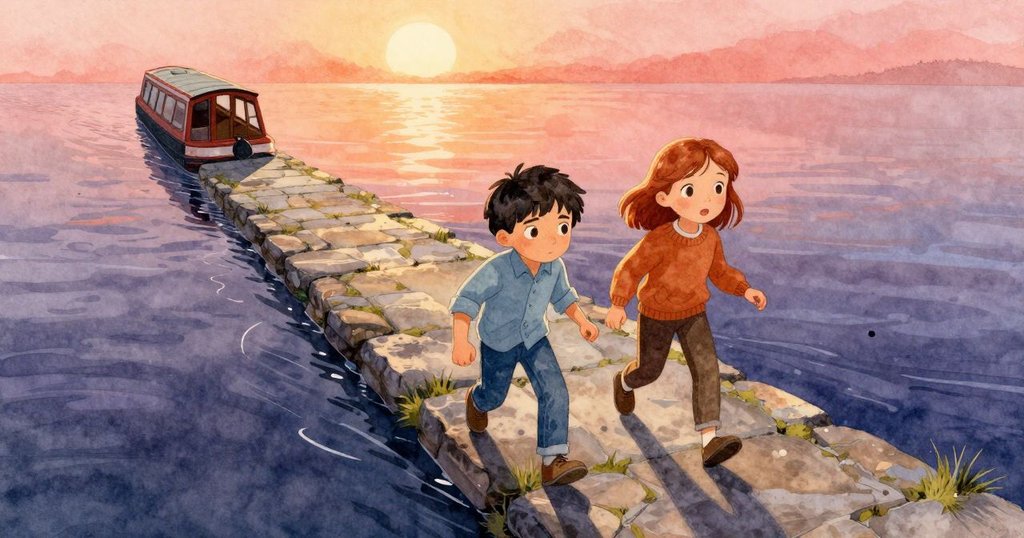 Warren與Harriet在狹窄船上開始航行，從高空俯瞰曲折石徑與流動水面，夕陽溫暖，情緒充滿期待。