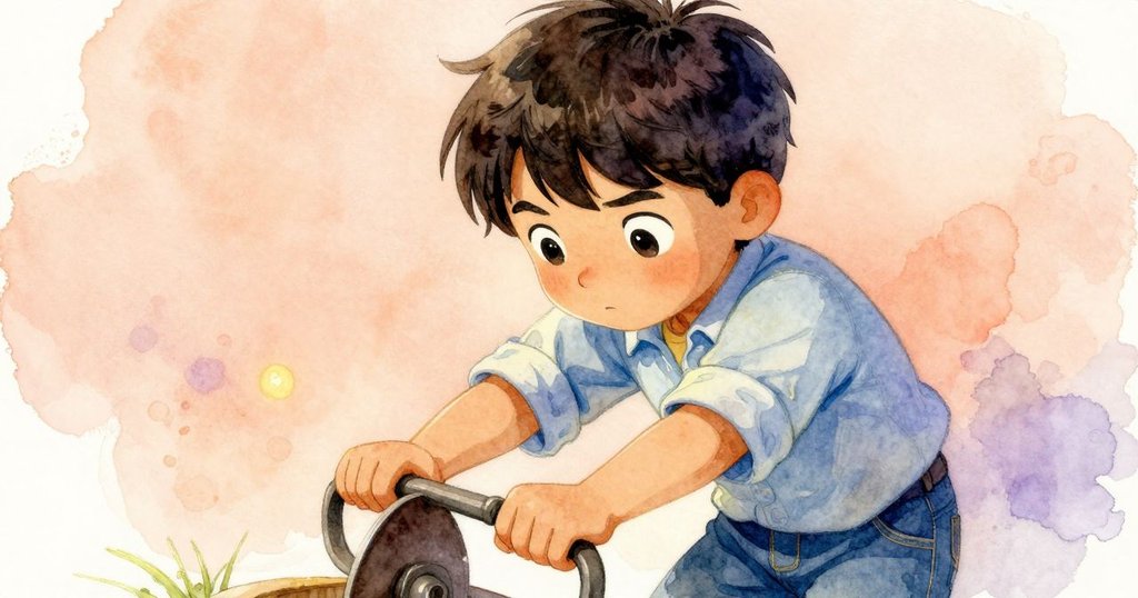 Warren凝神調整鐵製風車手柄，臉上流露出堅定與專注，細膩光影映出溫暖氛圍。