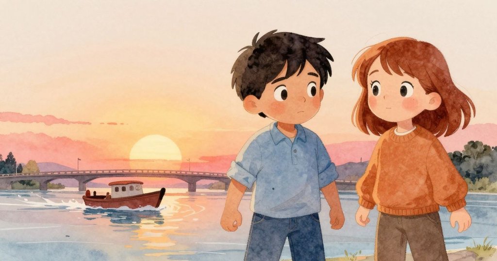 鴨子視角下觀察狹窄船和搖曳木梁，水面輕輕泛起漣漪，夕陽餘暉交織柔和光影。