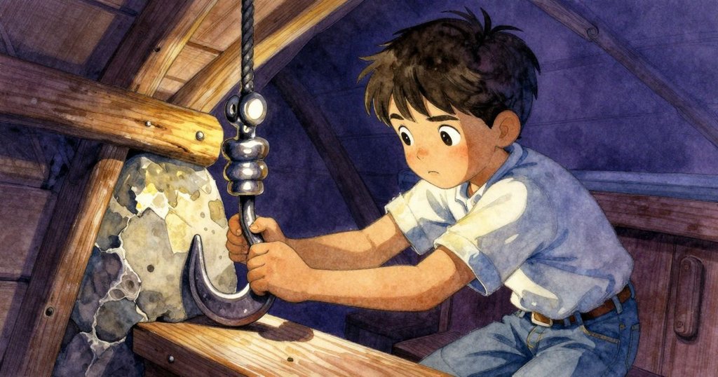 狹窄船艙內，Warren仔細檢查嵌於木石間的船鉤，室內燈光柔和，呈現出精細機械細節。