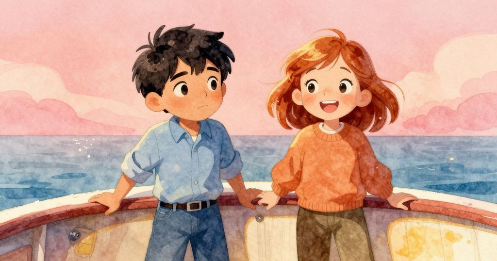 Warren與Harriet在甲板上滿懷喜悅微笑，水流平衡後船身穩定，彼此共享成功的溫暖時刻。