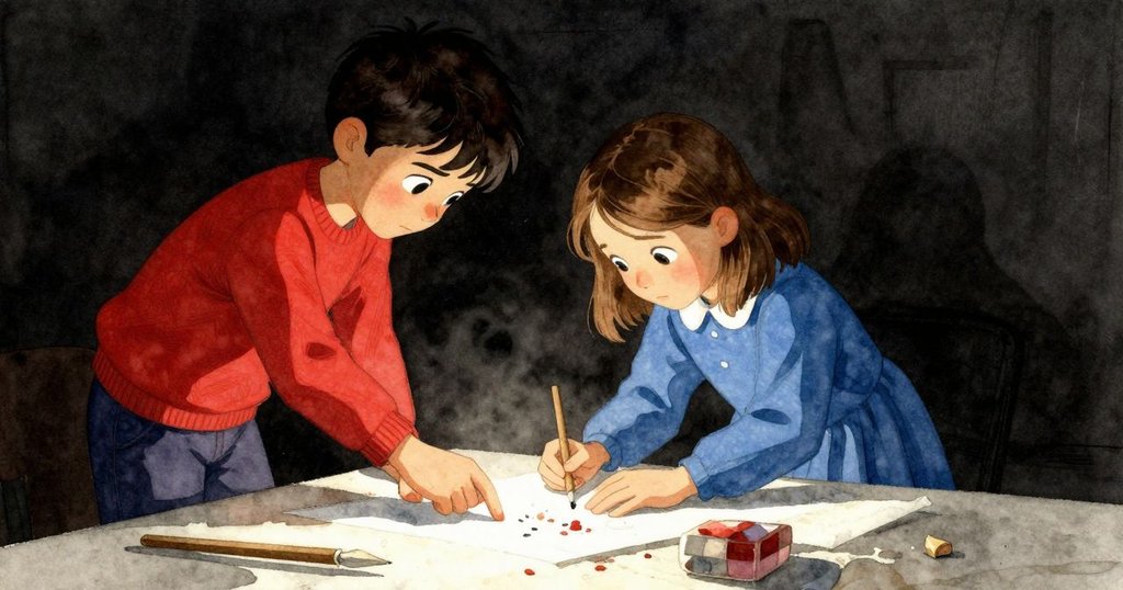 溫斯在混亂工藝桌前指導，葛瑞塔專注抓住木棍，畫面傾斜，燈光冷峻、陰影深沈