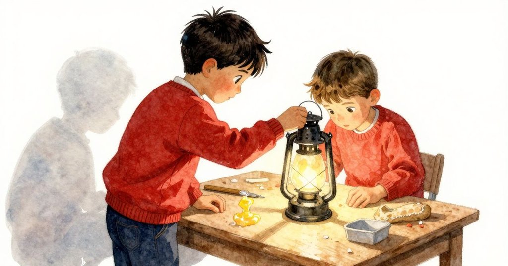 溫斯從背後視角操作燈籠，手指沾著黏膠，背景物料零散，動作小心且專注