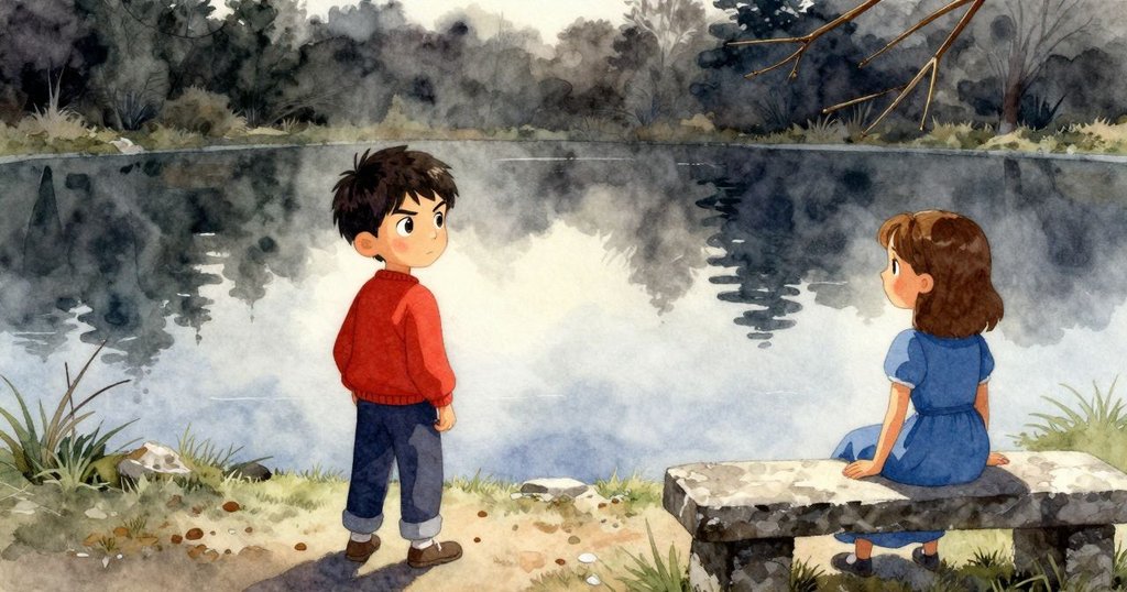 溫斯與葛瑞塔於暮光下石凳旁的倒影池前調整燈籠，環境過渡，光影柔和