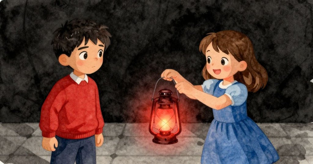 溫斯與葛瑞塔在燈光映紅下歡笑，旁邊小孩驚叫，眾人慶祝修好燈籠，氣氛輕鬆