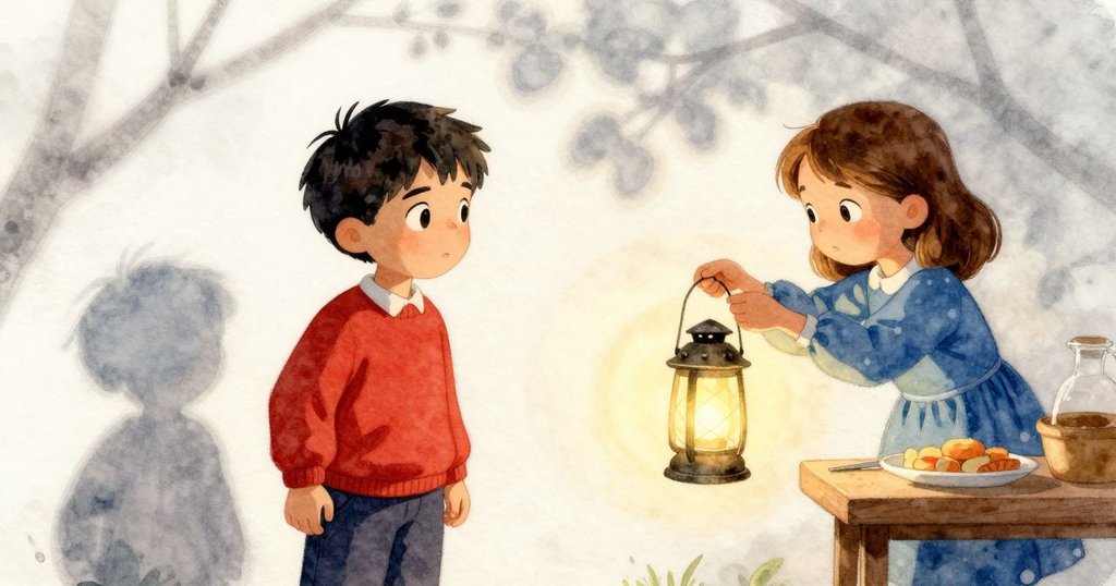 溫斯與葛瑞塔揮別工坊，葛瑞塔手持發光燈籠和玉米，步入暮色路徑，氣氛溫柔告別