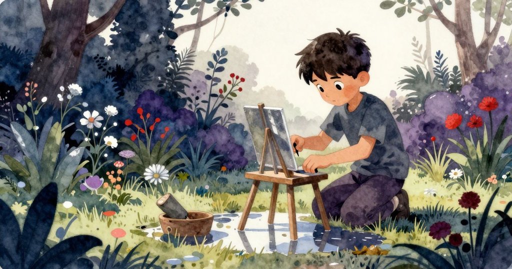 博里斯在花園中調整畫具裝置，動作認真，周圍彩色油漆點綴，充滿創造力與溫暖氣息。