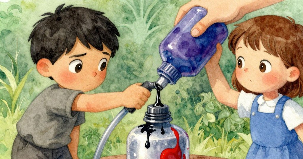 博里斯的手輕推著塑料瓶噴嘴，細節展現橡膠軟管與飛濺彩漆的活力互動。