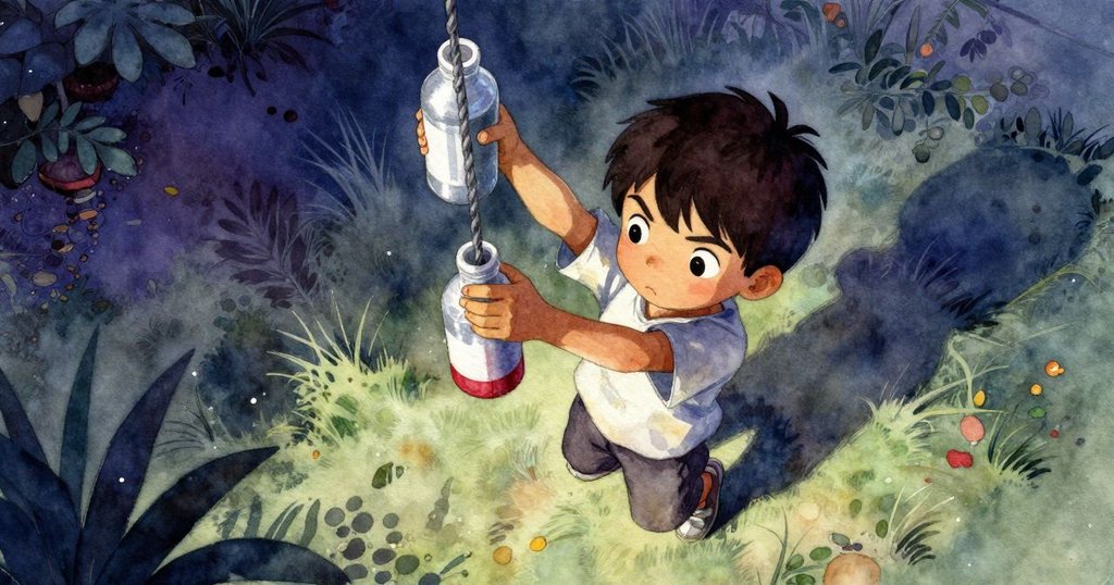 從高處俯視博里斯專注看著搖晃的塑料瓶，彩漆噴射動感和環境細節清晰呈現。