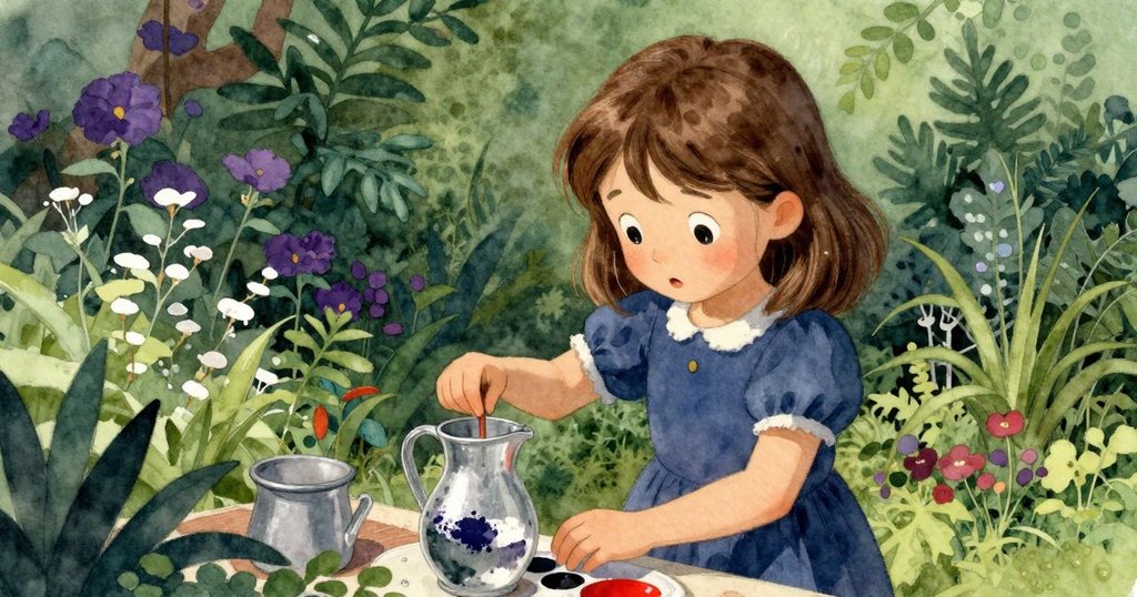 諾拉在花園中攪拌顏料，面帶驚喜，聽到遠處泡泡破裂聲音，場景溫暖富有生氣。