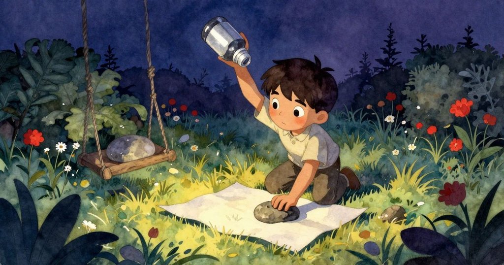 博里斯在花園中用溫暖石頭壓平畫紙角落，塑料瓶搖晃與彩漆飛濺完美收尾，場景寧靜舒心。