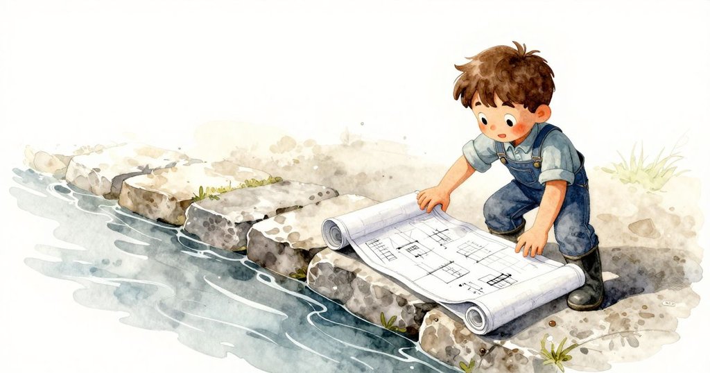 索倫站在陽光灑落的石頭旁展開藍圖,水花四濺,場景動態且充滿期待。