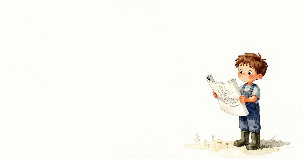 索倫手持藍圖站在寬廣空曠的水渠邊,牆上蜥蜴悠然觀望,呈現專注與堅定。