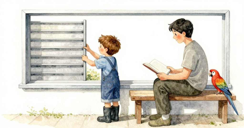 透過玻璃窗看到索倫調整水閘板,父母於長椅閱讀,旁有明亮鸚鵡陪伴,場景溫暖靜謐。