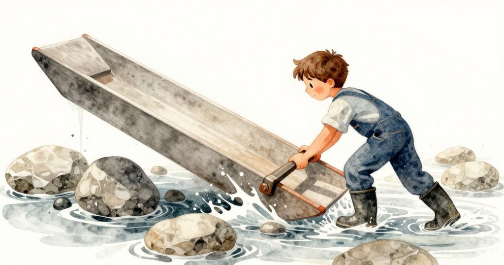 索倫奮力推動水閘板,周圍石塊與水渠呈現超現實扭曲角度,散落豆子和錫盒增添奇趣。