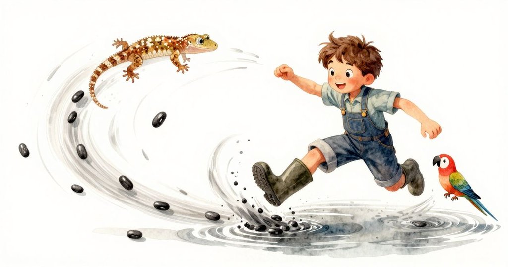 豆子在水中形成旋轉軌跡,蜥蜴躍向豆子,鸚鵡輕點頭,索倫專注觀察動態變化。