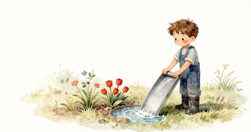 索倫穩定水閘板,水流穩定灌溉花園,背景蜥蜴與鸚鵡靜伴,整體氣氛寧靜溫暖。